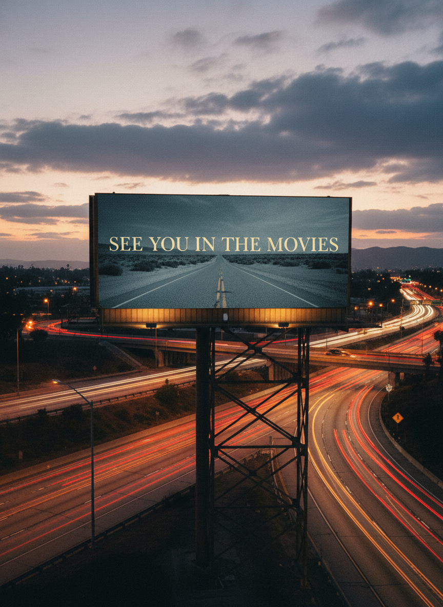 A weathered, sun-faded roadside billboard at the edge of a sprawling Los Angeles freeway interchange at dusk, its entire face replaced with the album title “See You In The Movies” in understated serif lettering over a moody, grainy still frame of empty desert road. The sodium-vapor streetlights and distant brake lights cast a cinematic amber and red glow, reflecting softly on the metal support beams. Low, slow-moving clouds catch the last violet light of sunset over hazy hills. Shot in wide, anamorphic cinematic framing from a slightly low angle, with a shallow depth of field blurring passing cars into streaks of color, the mood is contemplative, sophisticated, and quietly epic, like a movie poster for a lonely alt-folk soundtrack.