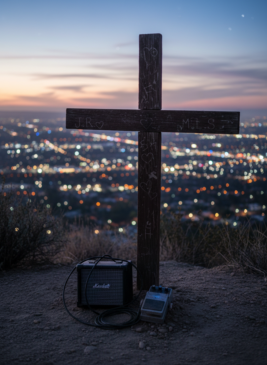 A solitary, weathered wooden cross standing on a low hill above a Los Angeles valley at twilight, its surface carved with faint, almost illegible initials and tiny hearts. At its base sits a small, battery-powered amp, a coiled patch cable, and a distortion pedal flecked with desert dust. The city below glows in dreamy, cinematic bokeh, a haze of amber and blue. Thin clouds catch the last streaks of pink light as the first stars appear. The scene is illuminated by the fading, diffused twilight and the small, cool-blue LED on the pedal. Captured from a low angle with the cross and gear in sharp silhouette against the soft, out-of-focus city. The mood is reverent yet questioning, blending sacred iconography with indie music grit.