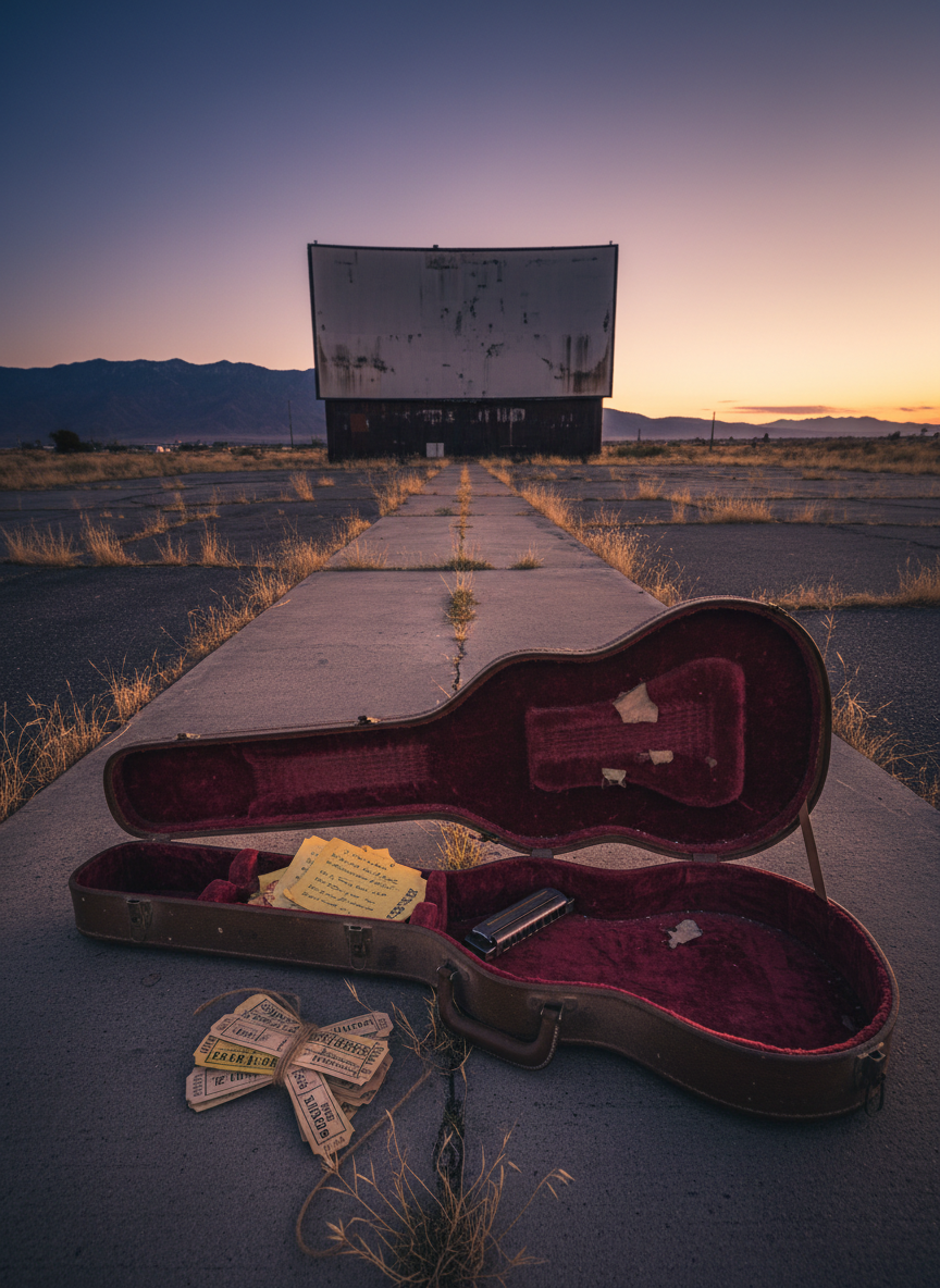 A dusty, open guitar case resting on the cracked concrete floor of an abandoned drive-in theater, its lining a deep oxblood velvet worn thin in spots. Inside lie a few crumpled lyric sheets, a harmonica, and a bundle of old movie tickets held together with twine. In the background, the towering blank screen looms like a silent chapel wall against a bruised purple sunset, with distant mountains in silhouette. Sparse tufts of dry grass poke through the asphalt, catching the last warm light. The scene is lit with a cinematic golden-hour glow, fading into cool shadows, and captured from a low angle with the guitar case dominating the foreground. The mood blends Americana nostalgia with slowcore stillness, evoking songs that are half-road-movie, half-prayer.
