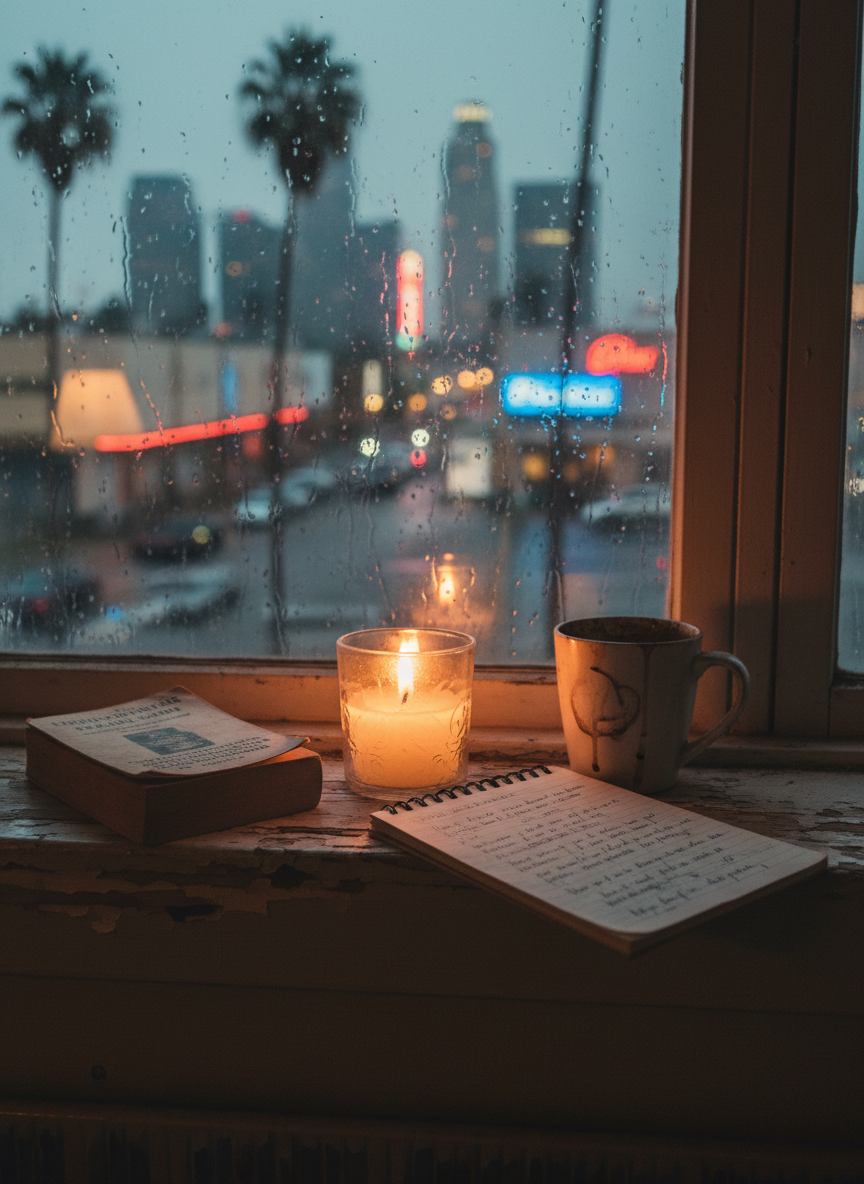 A small, portable altar-like arrangement on a chipped windowsill in an old Los Angeles apartment: a flickering votive candle in cloudy glass, a dog-eared paperback of philosophy, a cracked ceramic mug stained with cold coffee, and a worn notebook opened to a page of half-finished lyrics in looping handwriting. Beyond the dirty glass, the city’s palm trees and neon signs blur in a rainy, slowcore evening. Streetlights smear into vertical streaks on the wet pane. The only interior light comes from the candle and a distant, unseen lamp, casting soft, cinematic shadows over the objects. Captured with a close, intimate lens and shallow depth of field, the foreground items in sharp focus while the city melts into abstraction. The mood is contemplative, raw, and quietly sacred, echoing themes of faith and being human.