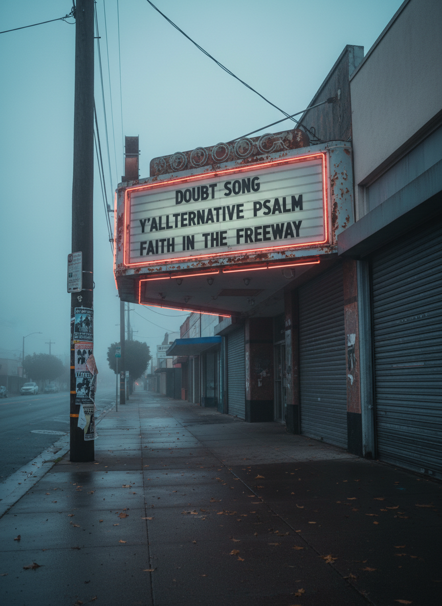 An old, slightly rusted movie theater marquee on a sleepy side street, its changeable letters rearranged to read cryptic song titles like prayers: “DOUBT SONG,” “Y’ALLTERNATIVE PSALM,” “FAITH IN THE FREEWAY.” The surrounding storefronts are closed, security gates pulled down, and stray flyers plaster the nearby utility pole. The sky hangs heavy with a marine-layer overcast, muting colors into soft blues and grays. A single neon border around the marquee still works, casting a gentle, cinematic red glow on the damp sidewalk and scattered leaves. Shot from across the street at a low angle with a wide, filmic composition and subtle lens flare, the atmosphere is moody, melancholic, and quietly magical, like a forgotten cinema where alt-folk songs are the only films still playing.