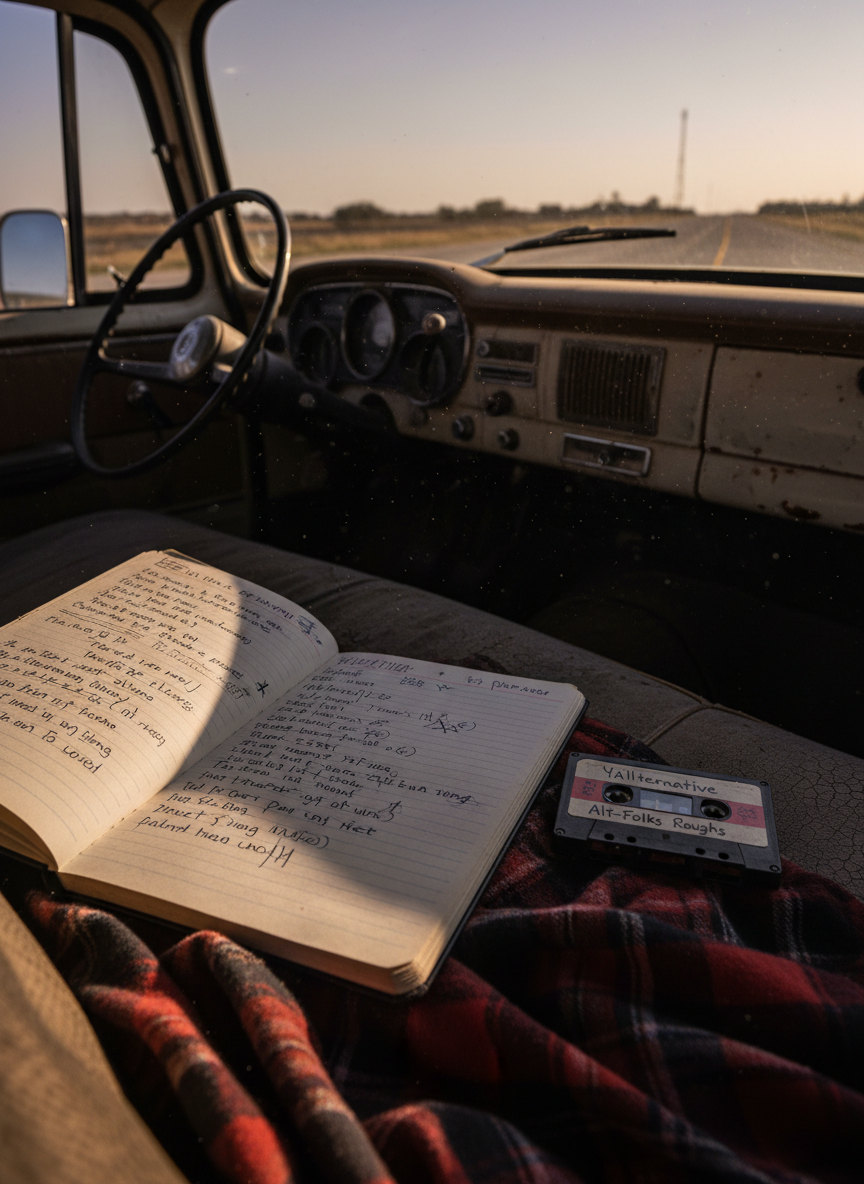 A close-up of a well-worn, open spiral notebook lying on the passenger seat of a dusty old pickup truck, its cloth bench seat faded and sun-cracked. The notebook pages are crowded with scribbled verses, crossed-out lines, and tiny hand-drawn symbols of stars and crosses. Beside it, a cassette labeled “Y’allternative / Alt-Folk Roughs” rests atop a flannel shirt. The late-afternoon sun slants in through the windshield, creating dramatic, cinematic streaks of light and shadow across the page and dashboard, dust motes suspended in the air. Outside the window, a blurred desert highway and distant radio tower suggest a long, solitary drive. Shot from an overhead, slightly diagonal angle with shallow depth of field, the image feels intimate, raw, and quietly hopeful, like catching a songwriter mid-confession.