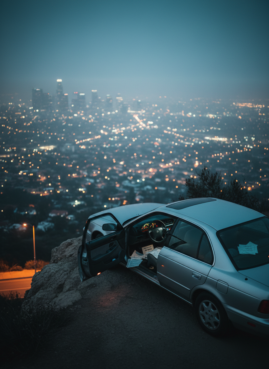 A lonely, silver sedan parked at the very edge of an empty cliffside overlook above the twinkling, fog-softened lights of Los Angeles at night. Inside the car, only the dashboard glows a muted teal, illuminating scattered handwritten lyric pages on the passenger seat and an old cassette labeled “Alt-Folk Demos” half-ejected from the deck. The city below is rendered in soft, cinematic bokeh, like distant galaxies. The scene is lit by cool moonlight and a faint orange wash from a single distant streetlamp, creating a moody chiaroscuro. Shot from a three-quarter rear angle with a wide, filmic composition, the open driver’s door framing the interior. The atmosphere is existential and hushed, evoking long drives, spiritual questions, and the feeling of hovering between belief and doubt.